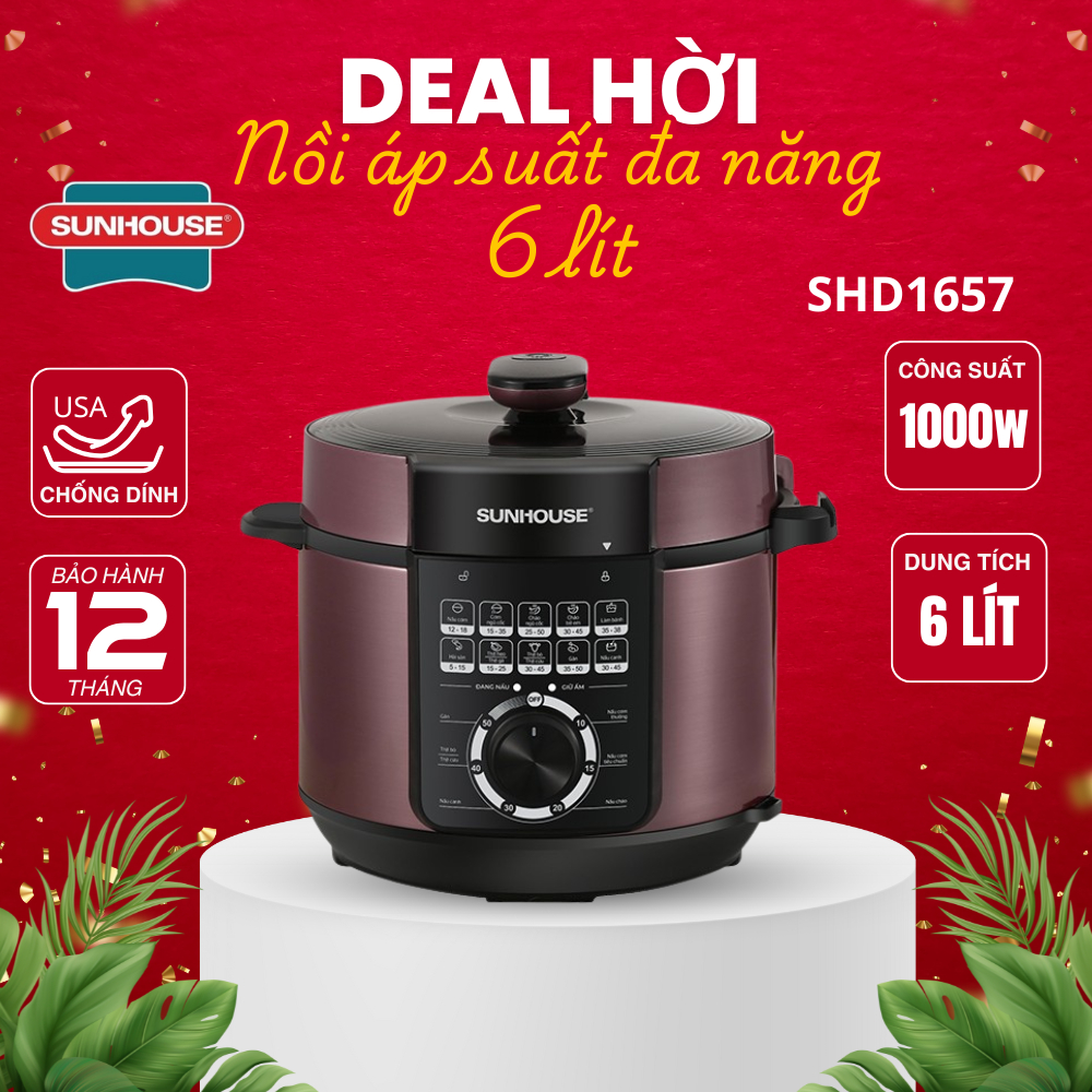 Nồi áp suất điện đa năng Sunhouse SHD1657 | Dung tích 6L | Công suất 1000W | Lòng nồi chống.