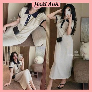 Váy Xuông Dáng Dài Len Tiêu Nống Phối Cổ Polo Cúc Dọc Thêu Logo Ngựa Freesize