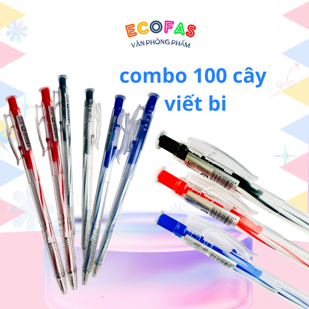 Combo 100 cây bút bi DF 207 0.7mm, bút bi màu xanh, bút bi màu đỏ, bút bi mày đen, viết bi