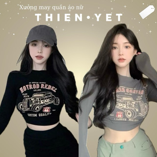Áo thun tay dài  HOTROD REBEL bo chun eo croptop cổ tròn thời trang nữ - Thiên Yết