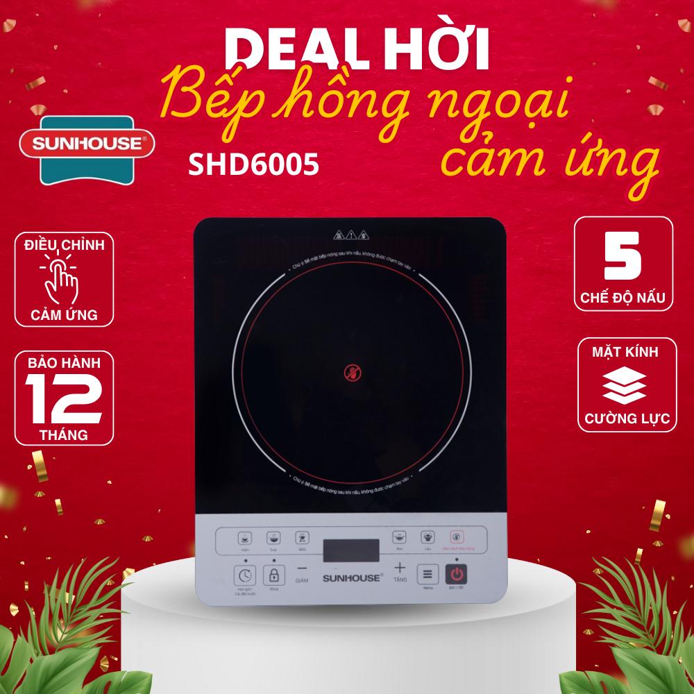 Bếp hồng ngoại cảm ứng SUNHOUSE SHD6005 - Có hẹn giờ và khóa an toàn trẻ em - Tặng kèm vỉ nướng