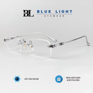 Gọng Kính Cận Giả Cận Nam Nữ Cao Cấp Titanium BLUE LIGHT Mắt Khoan Không Viền Chữ Nhật Họa Tiết CH Bạc Nhẹ Cứng