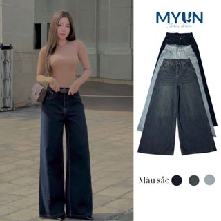MYUN - Quần Jean Loe nữ ống rộng 34cm cạp cao tôn dáng, quần bò loe denim xanh đen vải cotton XK JL0001