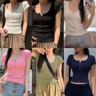 Áo Thun Dáng Ôm Ngắn Tay Cho Nữ Cúc Bấm Inox