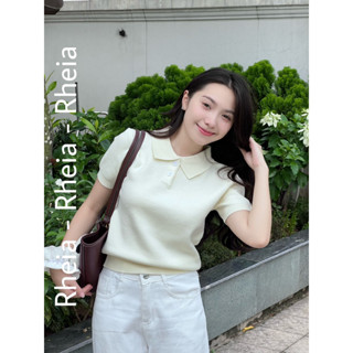 Áo len ngắn tay phối cổ bẻ cài khuy len lông thỏ cao cấp form ôm thanh lịch Rheia