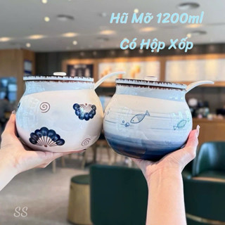  Âu   Hũ   Đựng Mỡ Bằng Gốm Sứ Hoạ Tiết Màu Xanh Sang Trọng Dung Tích 1200 ML Hũ Mỡ Có Nắp Đậy Kèm Thìa Tiện Lợi 