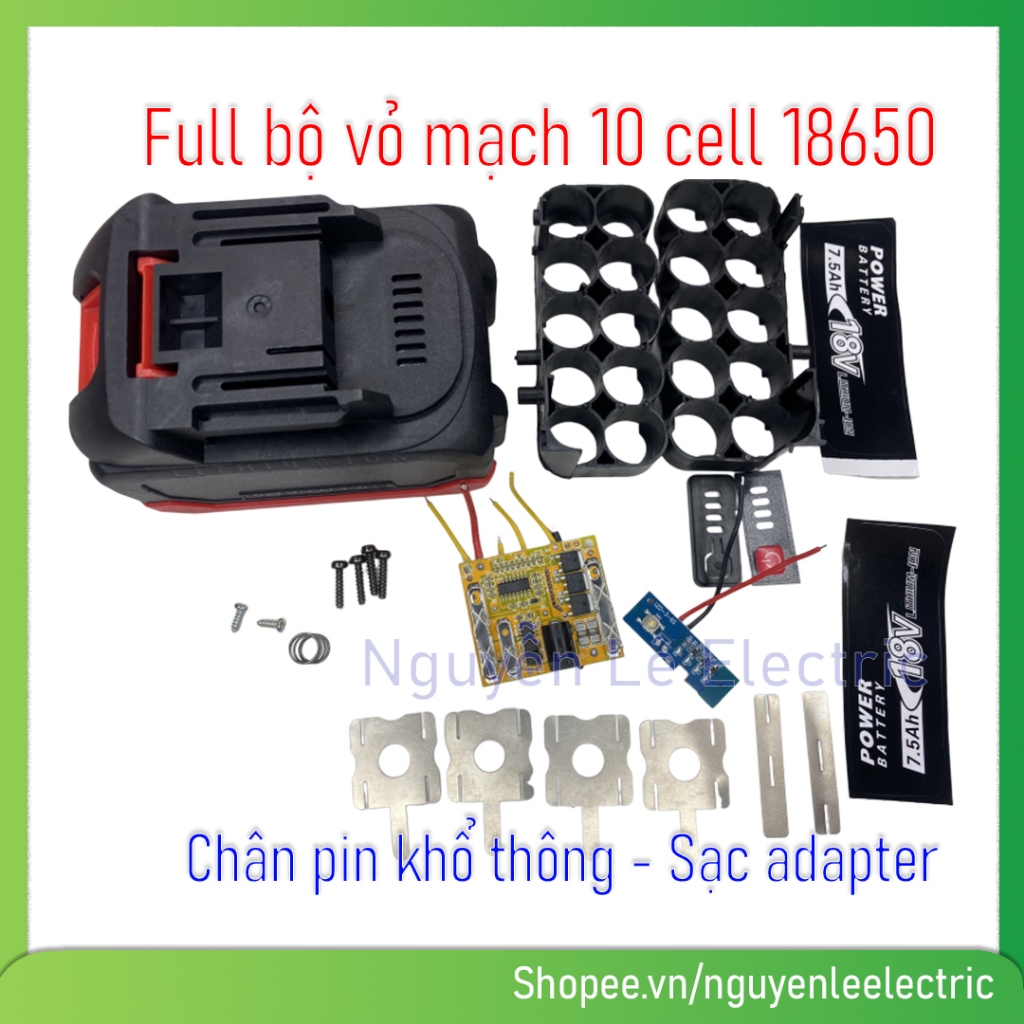 Vỏ mạch pin Makita adaptor Led báo pin 18V - 21V 5S - 2P lắp được 10 cell 18650 combo đầy đủ mạch 60