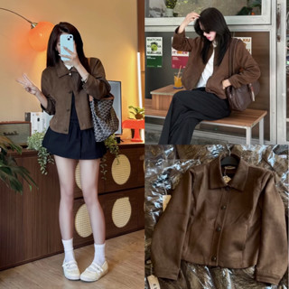(Hàng chuẩn đẹp QC TẶNG KÈM MÓC VÀ PHỦ) Áo khoác da lộn nhẹ DÁNG CROPTOP màu nâu vintage cúc đồng  QC2010
