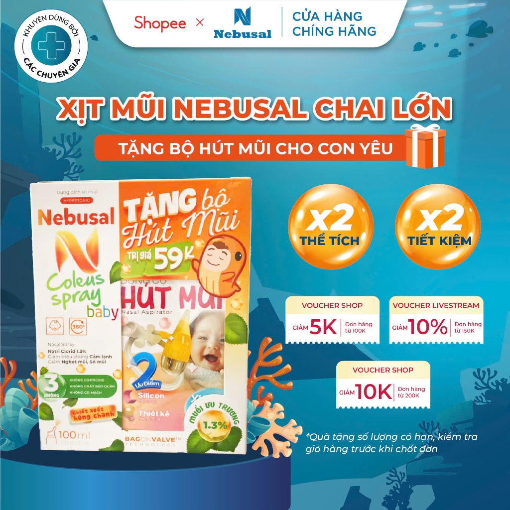 [Tặng kèm hút mũi] Bình xịt mũi húng chanh Nebusal nước muối ưu trương cho bé sơ sinh giảm Sổ Mũi, N