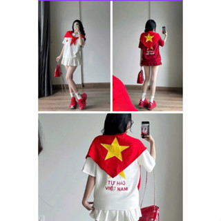 MIMI CLOTHING - Set bộ đồ nữ 2 màu KEM ĐỎ áo in chữ TỰ HÀO VIỆT NAM mix chân váy ngắn xêp ly xòe nhẹ