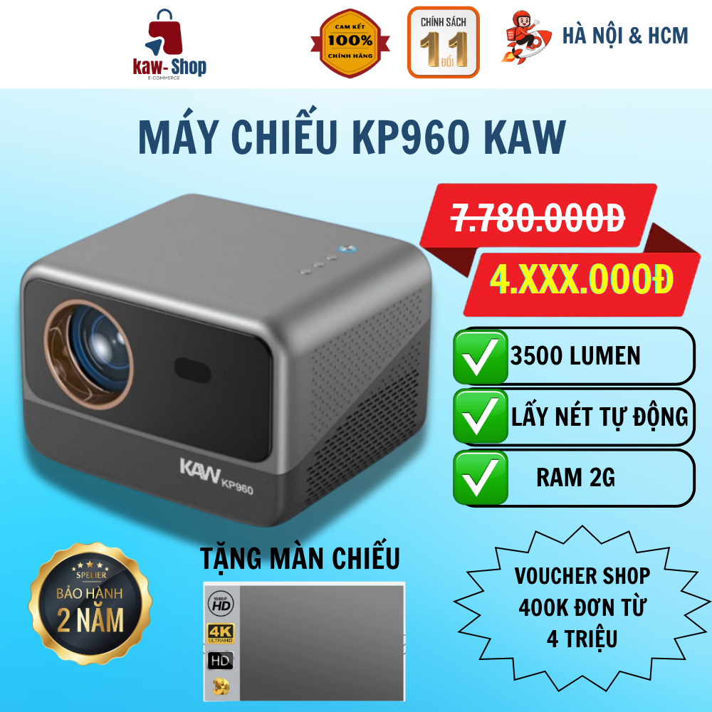 Máy Chiếu Cao Cấp Chính Hãng KAW KP960, Máy Chiếu 4K, Độ Sáng Cao, Tích Hợp Androi -Bảo Hành 12Tháng