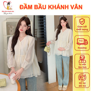  Áo Bầu Công Sở Dáng Baby Doll Dài Tay Thời Trang Thiết Kế Chất Boi cao cấp 2 lớp Phối Vải Lụa Mềm Xinh Xắn Dễ Thương 