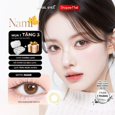 Lens mắt nâu mật ong độ cận 0-8 Nami nhãn hiệu Angel Eyes, kính áp tròng màu nâu tây tự nhiên đường kính 12.8mm
