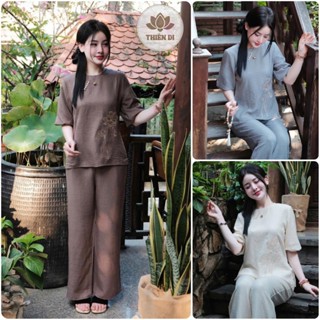 Pháp phục lễ chùa nữ chất vải đũi thêu sen cao cấp Thiên Di đồ lam, quần áo đi chùa phật tử D04 HCM