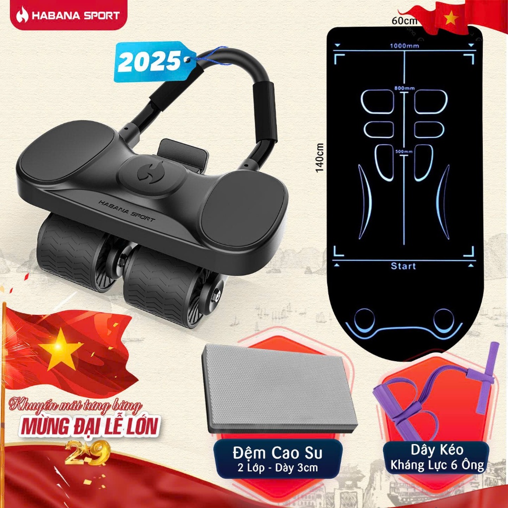 [CHÍNH HÃNG HABANA SPORT] Máy Tập Bụng 4 Bánh Trợ Lực 2025 | Tặng Thảm + Bình Nước | Bán Chạy 15k+