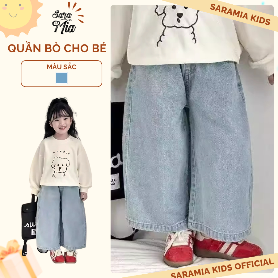 [DT17] Quần bò ống rộng bé gái SARAMIA KIDS, quần jean lưng chun kiểu dáng hiện đại bé mặc đi học