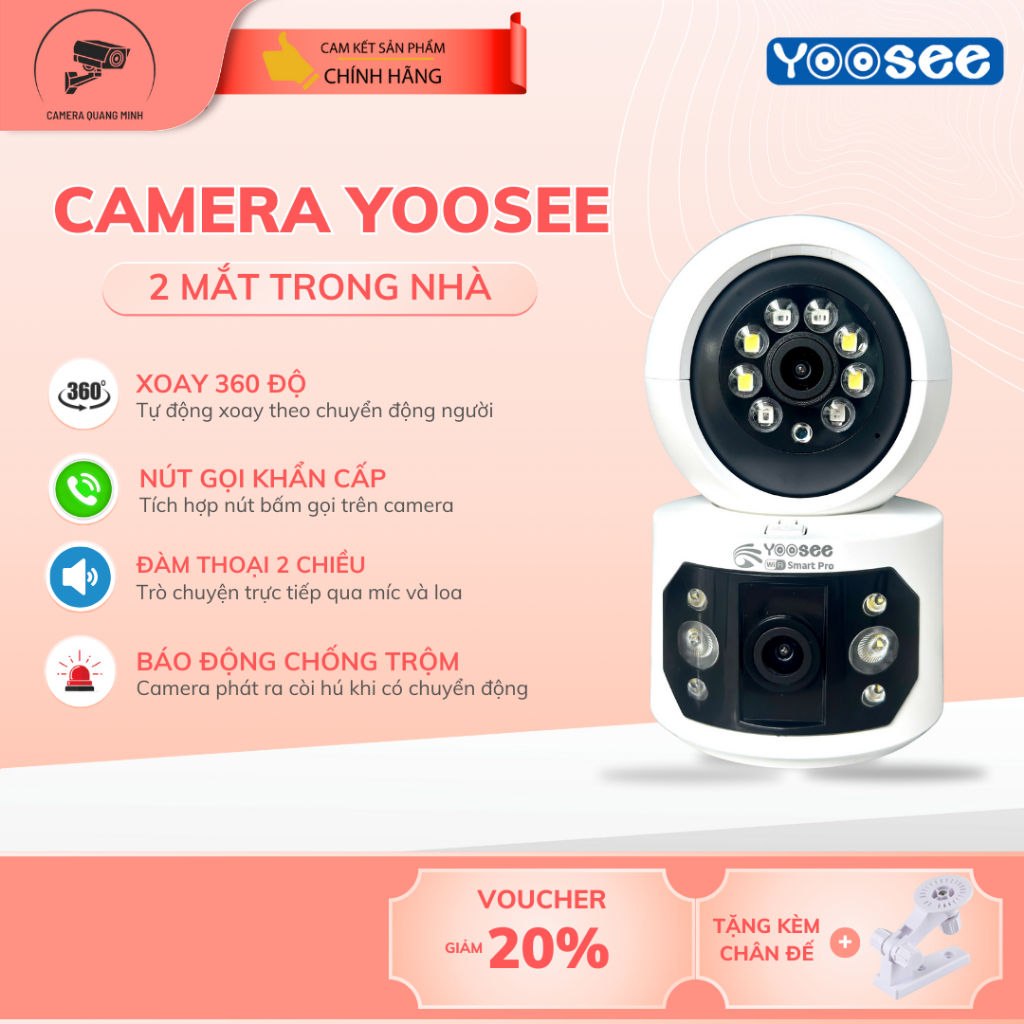 [New Smart Pro] Camera Yoosee 2 Mắt Trong Nhà xoay 360 độ, Tích hợp Nút Bấm Gọi Trên Camera, Chính h