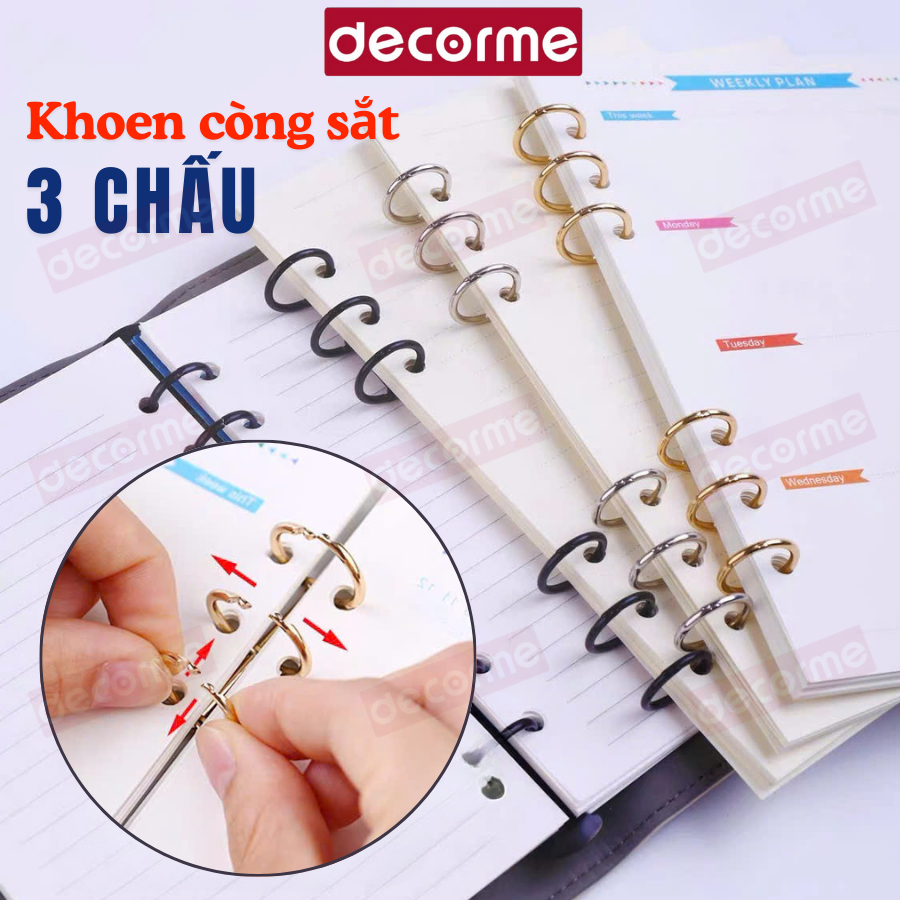 Bộ còng kim loại 3 chấu gắn sổ còng, còng rời 3 lỗ, còng sắt đóng bìa sổ còng, sổ tay bullet jounal