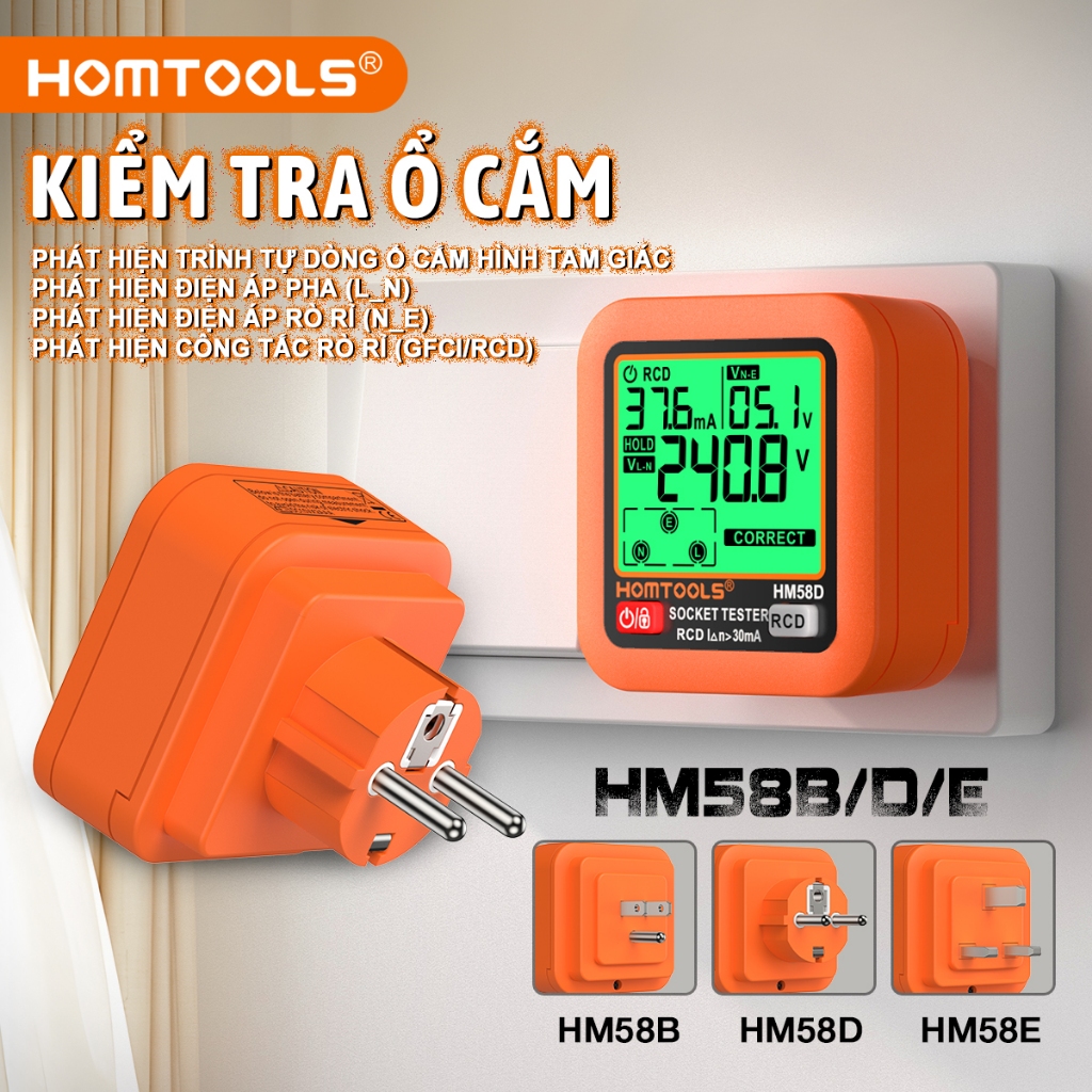 HOMTOOLS HM58D Máy kiểm tra ổ cắm kỹ thuật số Máy phát hiện điện áp thông minh Màn hình kiểm tra điệ