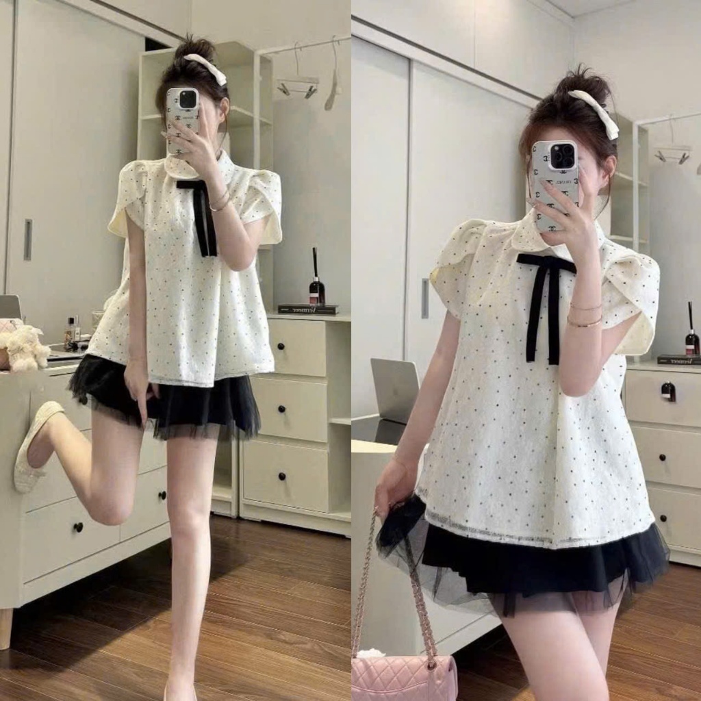 Set Áo Đũi Cổ Sen Chấm Bi Tay Vạt Chéo Đính Nơ Đen Kết Hợp Chân Váy Tơ Lưới Tiểu Thư, Đi Chơi , Đi Cafe Đều Hợp -Lollaye | BigBuy360 - bigbuy360.vn