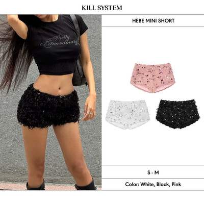 Quần ngắn lông vũ đính kim sa HEBE cạp thấp ôm body sexy - 𝐊𝐈𝐋𝐋 𝐒𝐘𝐒𝐓𝐄𝐌