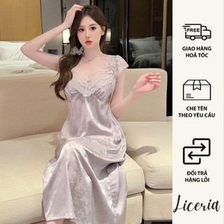 Váy Ngủ Lụa Băng LICERIA Hoạ Tiết Loang Phối Ren Dáng Dài, Có Đệm Ngực, Phong Cách Gợi Cảm Sang Trọng
