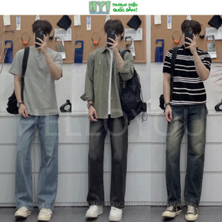 Quần jean nam Đen Xám Trầm Smoke ống suông rộng HELLOYOU, quần bò nam baggy chất jeans cao cấp phong cách Retro 2025