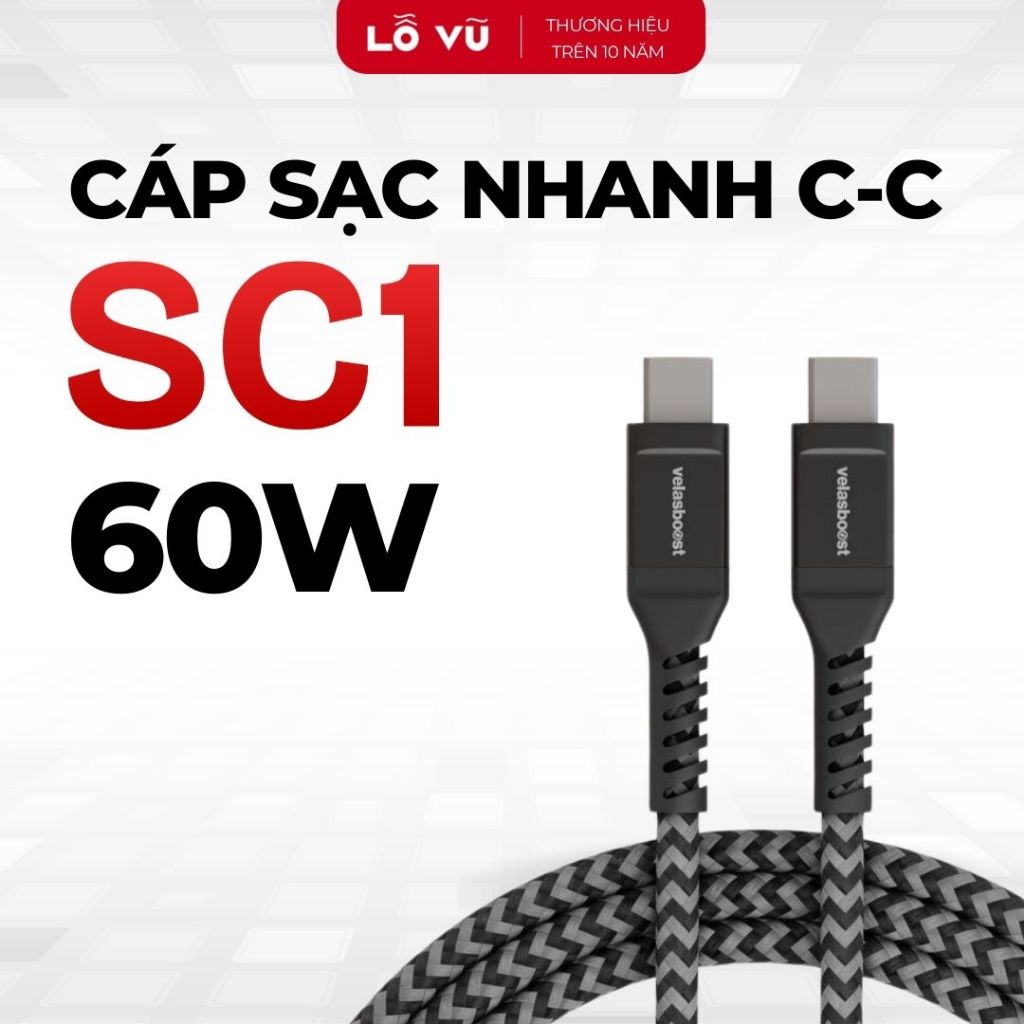 Cáp sạc nhanh Velas C to C công suất 60W, Truyền dữ liệu 480Mbps, dài 0,9m (SC1), Dây sạc nhanh