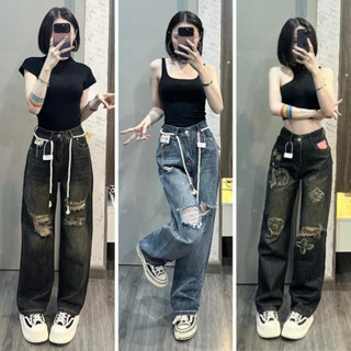 Quần jean ống suông nữ MELINA quần jean nữ rách gối cạp cao 2 màu xanh, đen ánh rêu size S M L SPG5