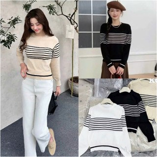  Áo len dệt kim tay dài kẻ ngang nữ kiểu cổ tròn len mongtoghi mỏng mát dáng basic hàng Quảng Châu CC 