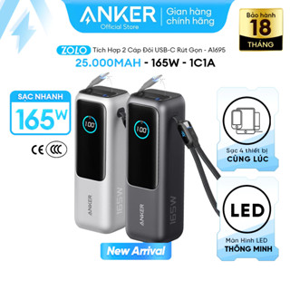 Pin dự phòng Anker Zolo Power Bank 25K mAh công suất 165W có cáp USB-C tích hợp và có thể thu gọn - A1695