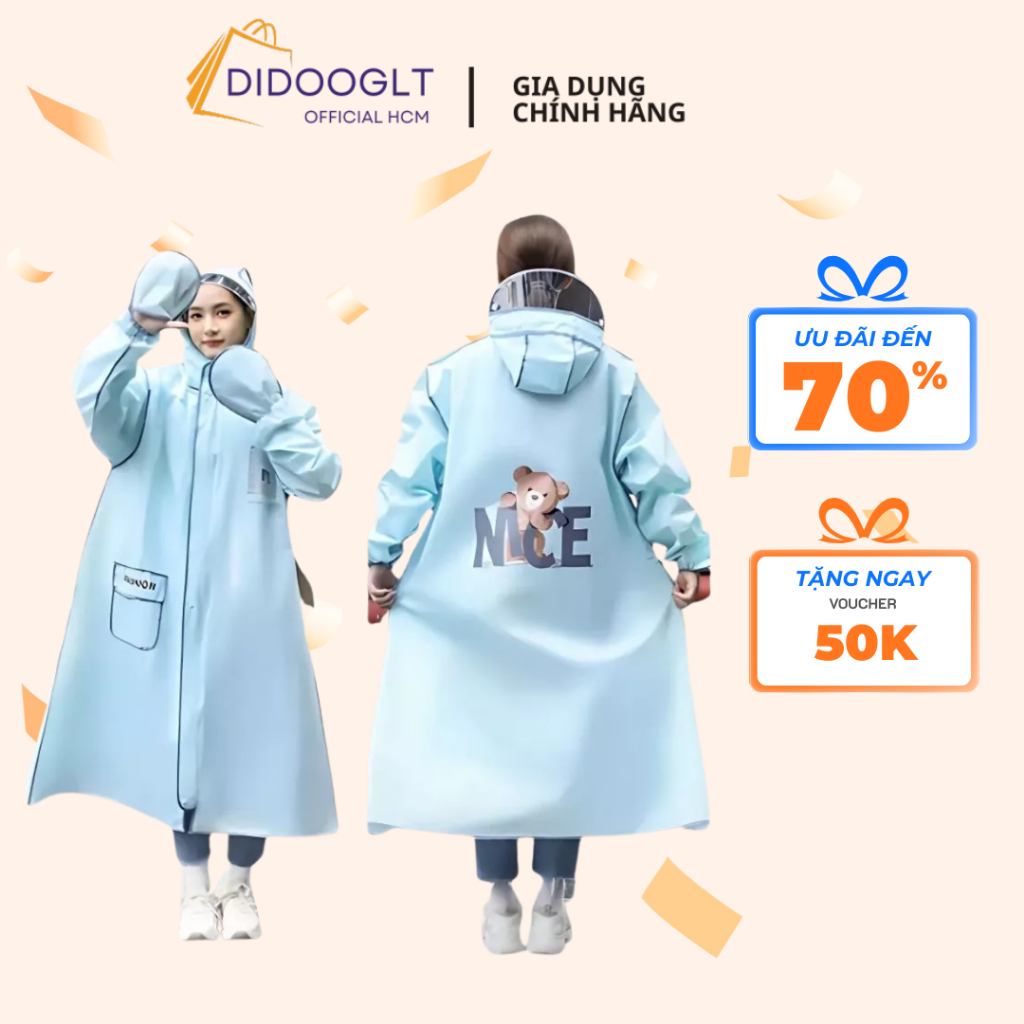 Áo Mưa Thời Trang Hình Gấu Nice Có Khoá Kéo - Áo Mưa Một Người Có Kính Chắn Mưa Tiện Lợi