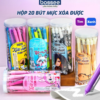  Hộp 20 Bút Gel Xóa Được Họa Tiết Hoạt Hình Shin Capybara Naruto Chiikawa Labubu - Mực Xanh Tím Ngòi 0.5mm Kèm Đầu Tẩy 