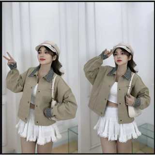  Áo khoác KAKI cổ bẻ phối sọc cổ và Tay Áo Áo phong cách hongkong áo khoác kaki nữ phối cổ tay kẻ caro 