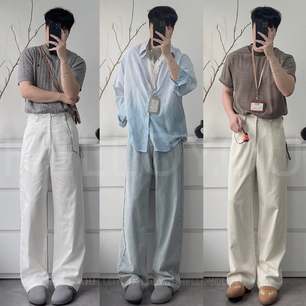 Quần jean màu nâu nam ống rộng CẠP CAO HELLOYOU, Quần bò trắng rộng nam dáng baggy unisex Hàn Quốc top xu hướng 2023