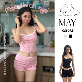 N7 - Bộ Ngủ Nữ 2 Dây Chất Thun Phối Ren Nơ Xinh Xắn Mặc Nhà - May Mèo Thích Ngủ