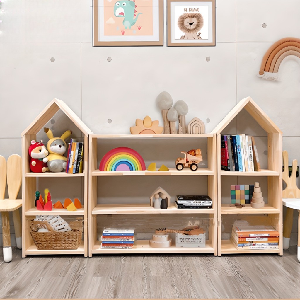 Combo 3 Kệ Montessori Bằng Gỗ Thông Cho Bé Đựng Sách Đựng Đồ Chơi, Kệ Sách Trang Trí Lớp Học Cho Trư