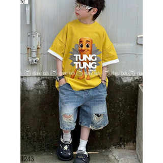 Set bộ bé trai ELAINE gồm áo cotton hình TUNG TUNSAHUR mix quần jeans rách gối hàng cao cấp ELN1243
