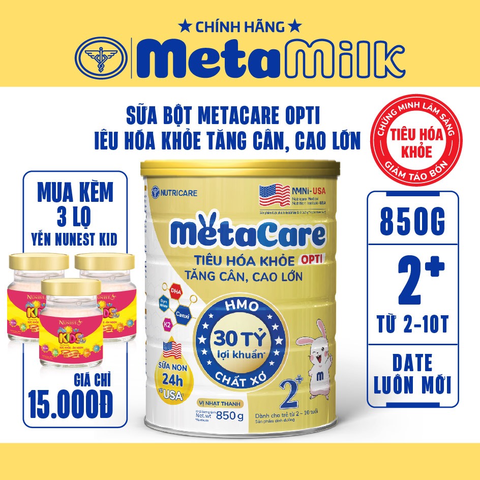 Sữa Bột METACARE OPTI Nutricare Tiêu Hoá Khoẻ Tăng Cân Cao Lớn Tăng Cường Đề Kháng Vị Thanh Mát 850G
