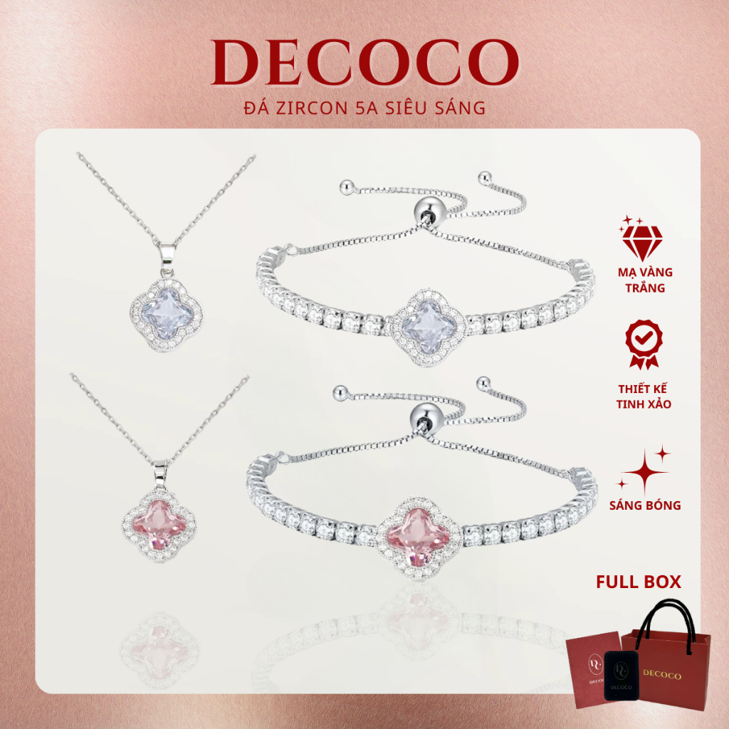 Bộ phụ kiện dây chuyền và vòng tay nữ DECOCO ACC Hope cỏ 4 lá ( kèm Túi giấy + Hộp + Thiệp )