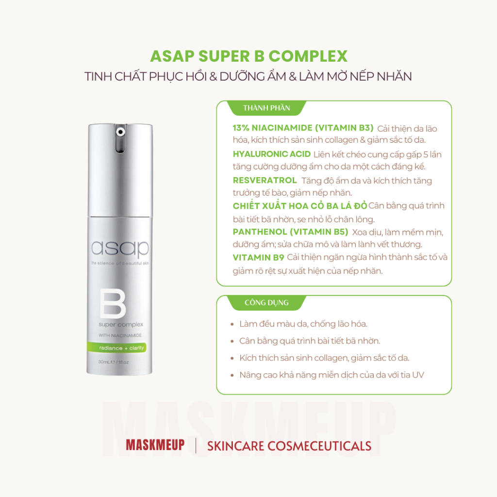 Tinh chất  ASAP SUPER B COMPLEX cải thiện nếp nhăn, sắc tố và lỗ chân lông 30ML [B]