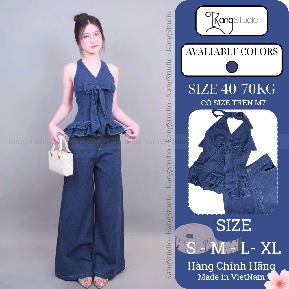 KangStudio - [M142]Set Đồ Nữ denim 2 món siêu xinh – Áo Yếm buộc nơ eo phối bèo + Quần Jean ống rộng