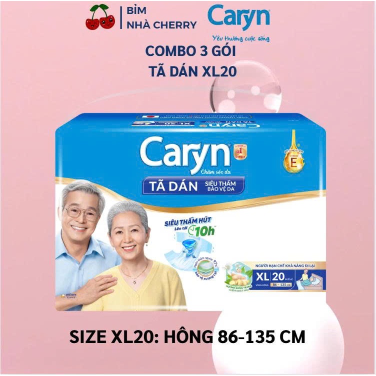 Tã bỉm dán Caryn siêu thấm size M20 L20 XL20 miếng dành cho người già vòng hông 85-135cm