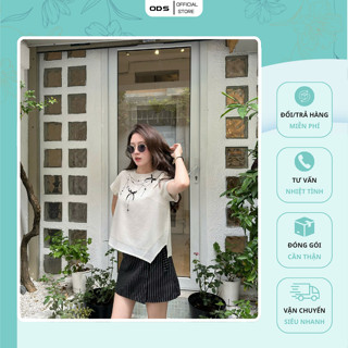 Áo Kem Linen Xước ODS thiết kế cổ tròn thân thêu đính nơ đen, vạt nhọn lệch, tay ngắn - SID54
