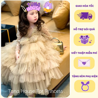   HỎA TỐC   Sẵn 8-40kg  Váy đầm xoè công chúa thiết kế cho bé gái tay dài kim sa tầng màu be - Tuna House For Princess 