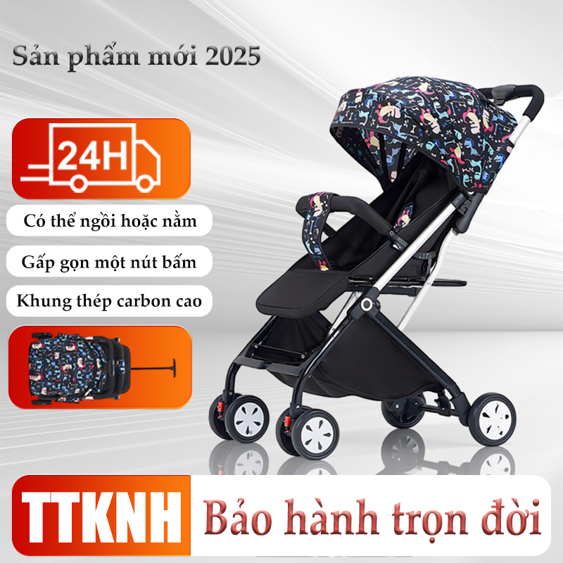 xe đẩy gấp gọn cho bé Beige,Khung xe thép carbon cao,Thanh kéo co giãn khi gập,Phù hợp bé 1-6 tuổi