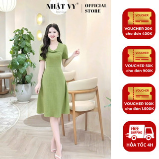  Đầm nữ Nhật Vy cổ vuông chấm bi tay ngắn dáng xoè bigsize chất lụa công sở dự tiệc màu đen xanh - D3435 