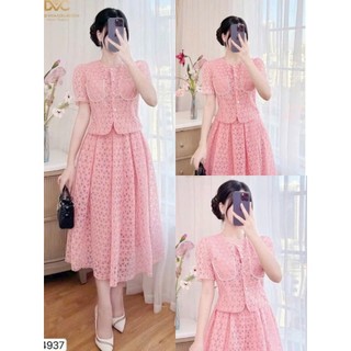 Set váy thời trang nữ chất ren áo tay ngắn cổ tròn có lót lụa kín đáo mix chân váy dài dáng xòe sang chảnh