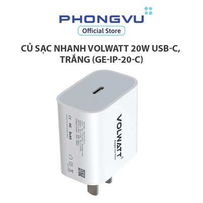 Củ sạc nhanh Volwatt 20W USB-C, Trắng (GE-IP-20-C) - Bảo hành 24 tháng