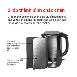 Ấm đun siêu tốc 1.8L HAPPYCOOK, Inox 304 dày 2 lớp, HEK-180SG